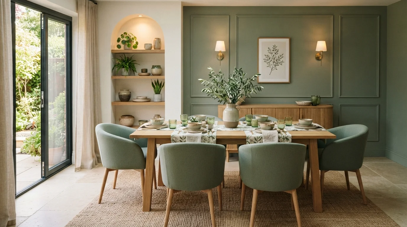 Botanical Sage Haven — green dining room painted in Shallot Bulb