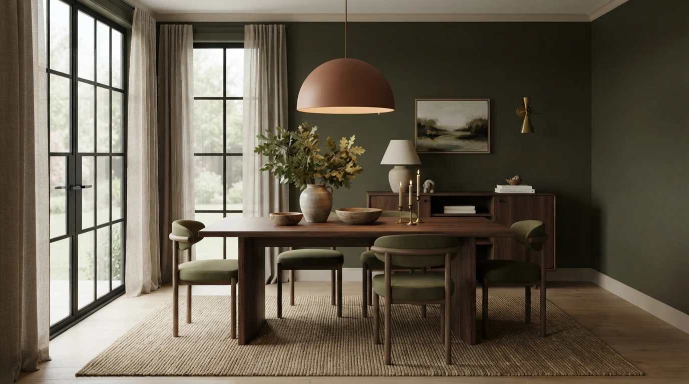 Olive and Walnut Dining — green dining room painted in Classic Bronze