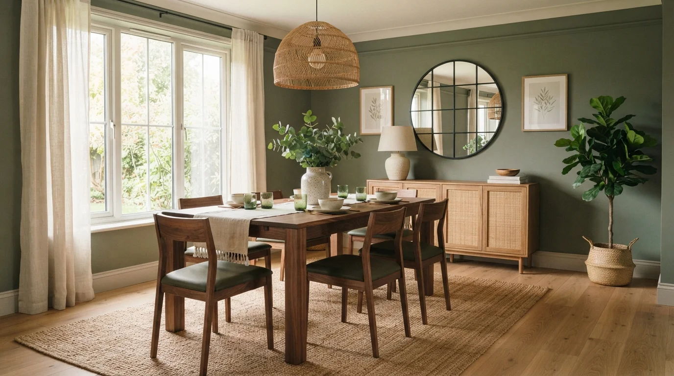 Sage Organic Dining — green dining room painted in Cambridge Green