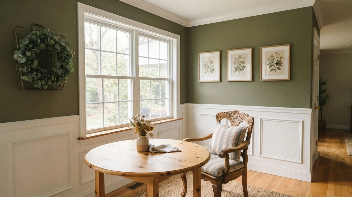 Olive and Wainscoting Nook — green dining room painted in Tuscan Olive