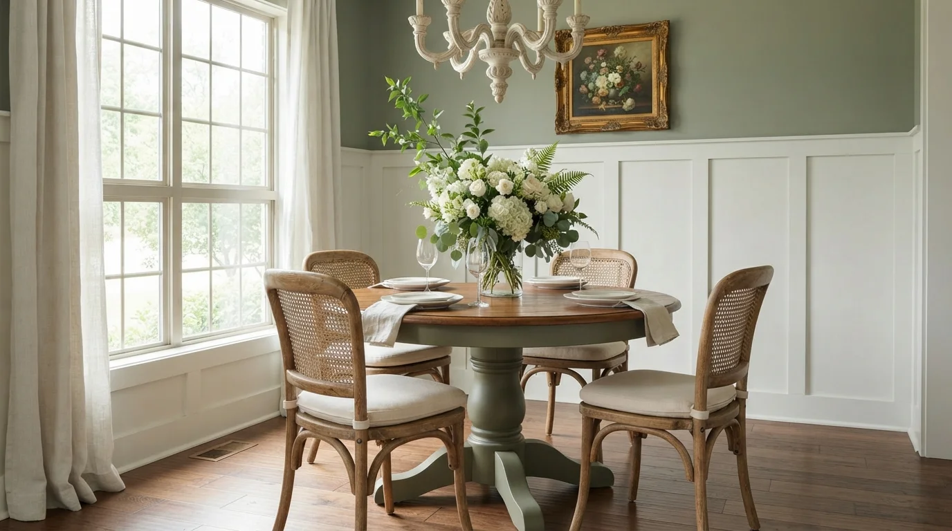 Sage & Warm Wood — green dining room painted in Wright Quiet Green
