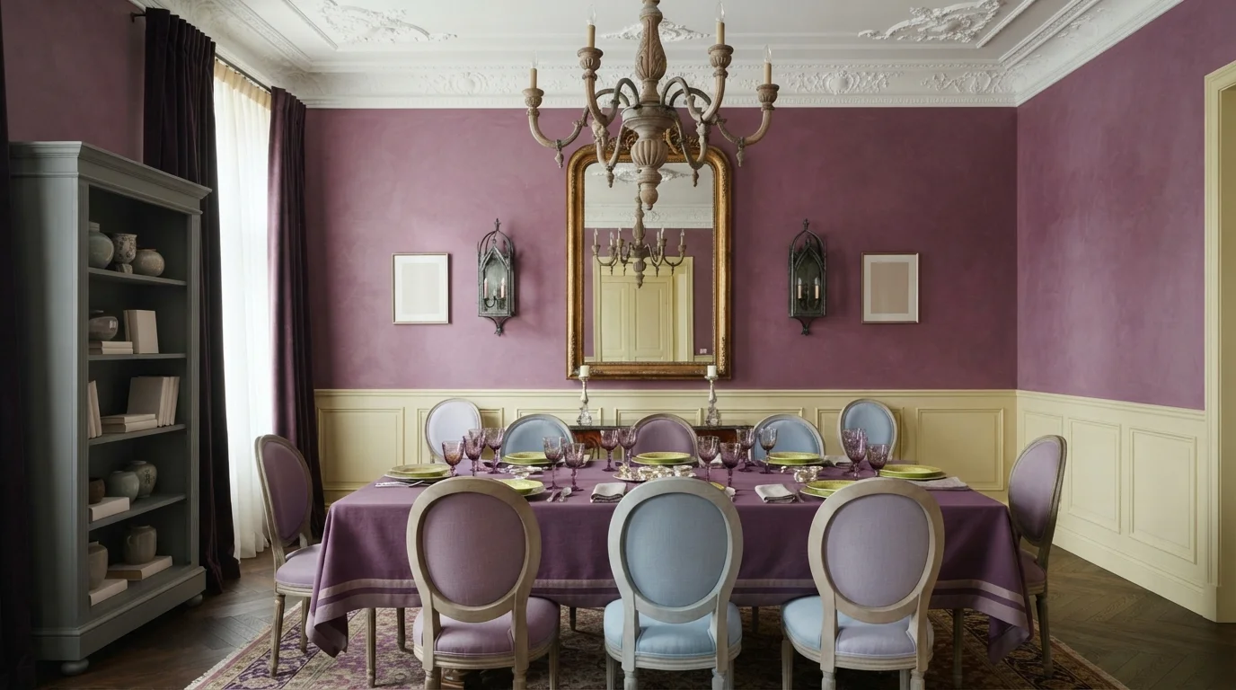 Plum Velvet Elegance — purple dining room painted in Dynamic Magenta
