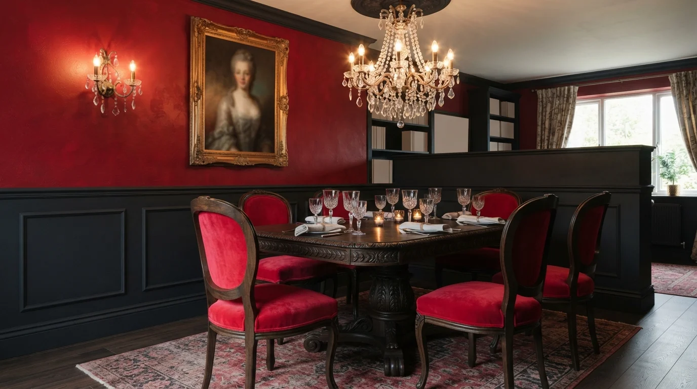 Crimson Velvet Dining — red dining room painted in Heritage Red
