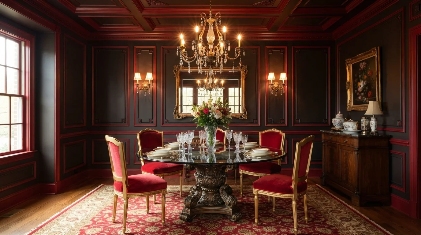 Dramatic Scarlet Grandeur — red dining room painted in Licorice Stick