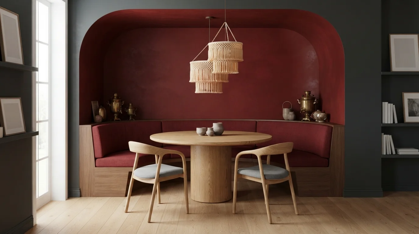 Crimson Bohemian Nook — red dining room painted in Caliente