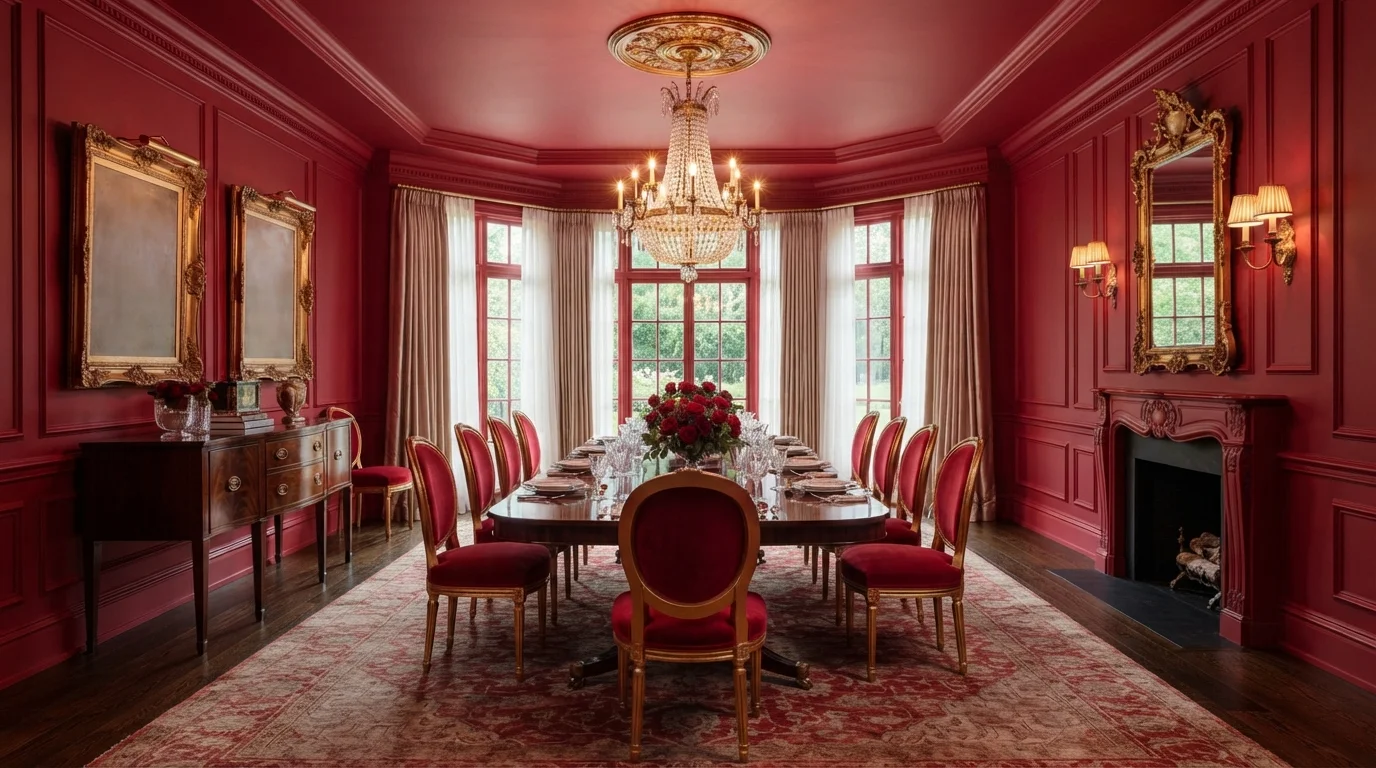 Crimson Palace Dining — red dining room painted in Pomegranate