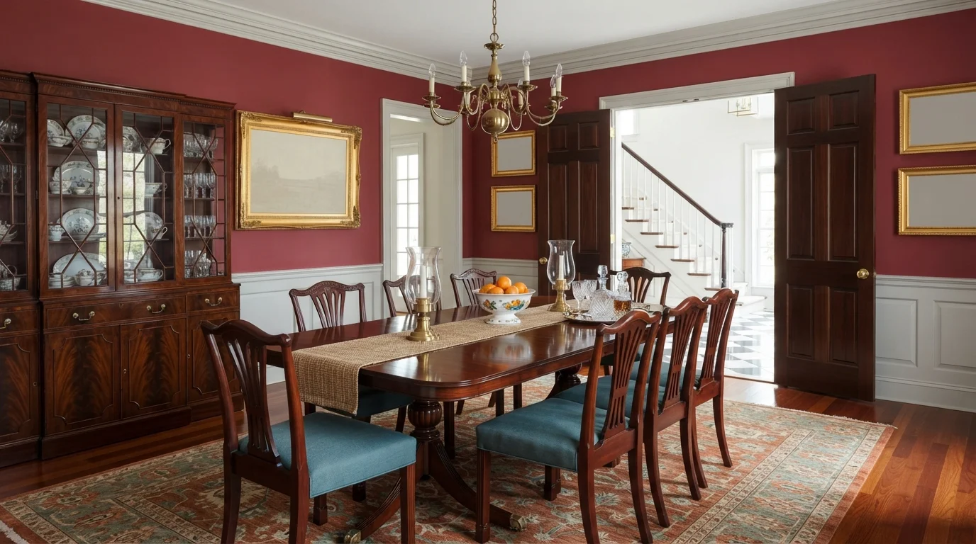 Classic Crimson Dining — red dining room painted in Rosebud Red