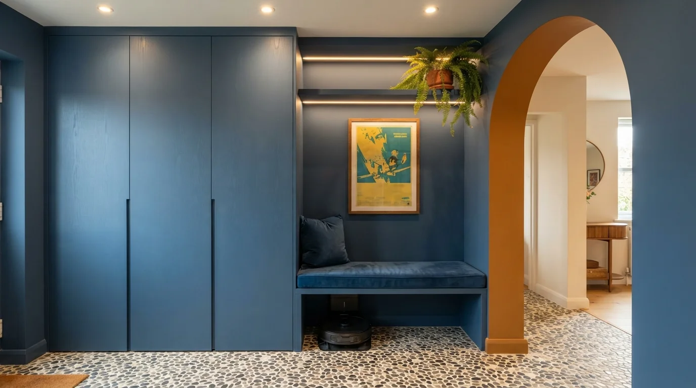 Denim Blue Entryway — blue entryway painted in Downpour Blue