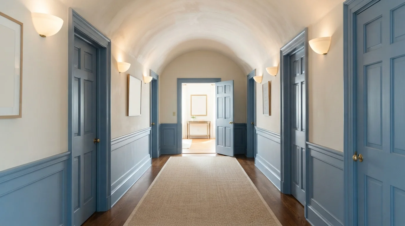 French Blue Archway — blue entryway painted in Creamy White