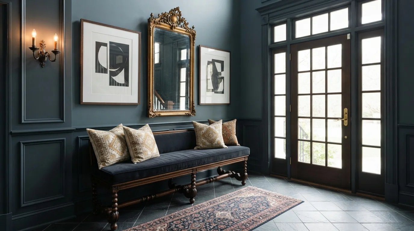 Slate Blue Foyer — blue entryway painted in Bedtime Blue