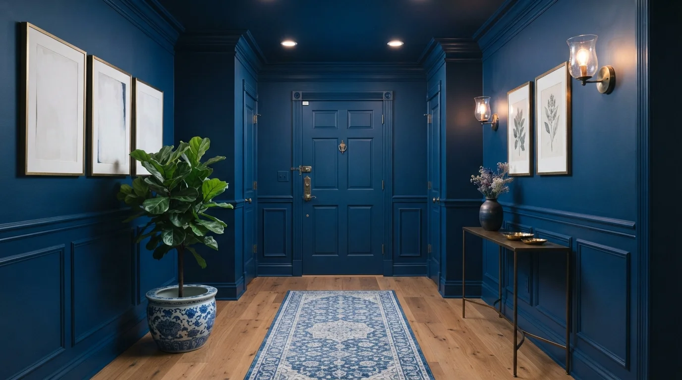 Cobalt Color Drench — blue entryway painted in Nocturnal Sea