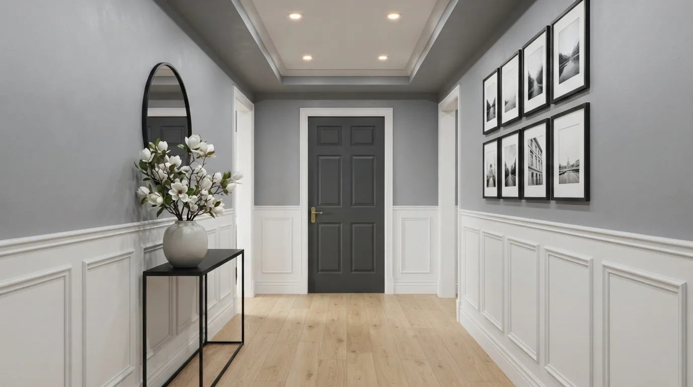 Charcoal Accent Hallway — gray entryway painted in Smokey Lilac