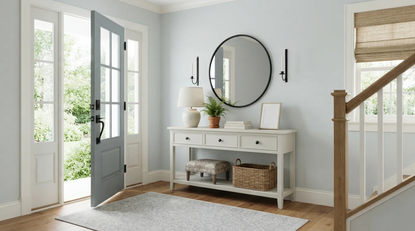 Misty Morning Foyer — gray entryway painted in Sea Frost