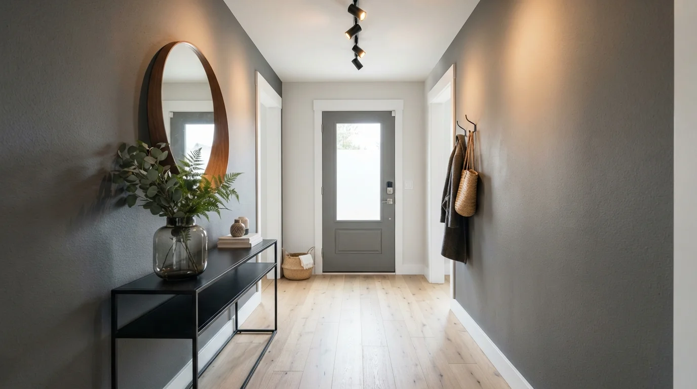 Moody Charcoal Entryway — gray entryway painted in Ambler Slate