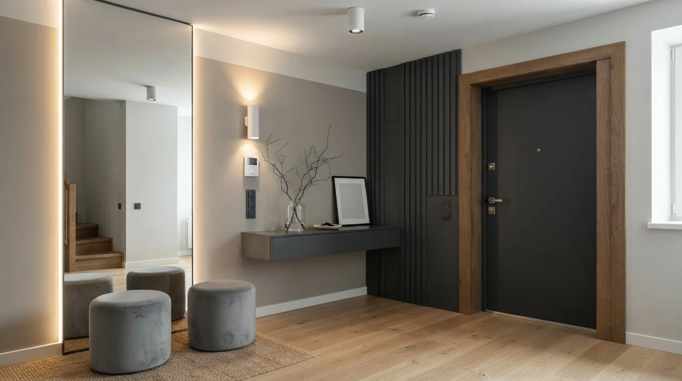 Sleek Greige Entryway — gray entryway painted in Lazy Afternoon