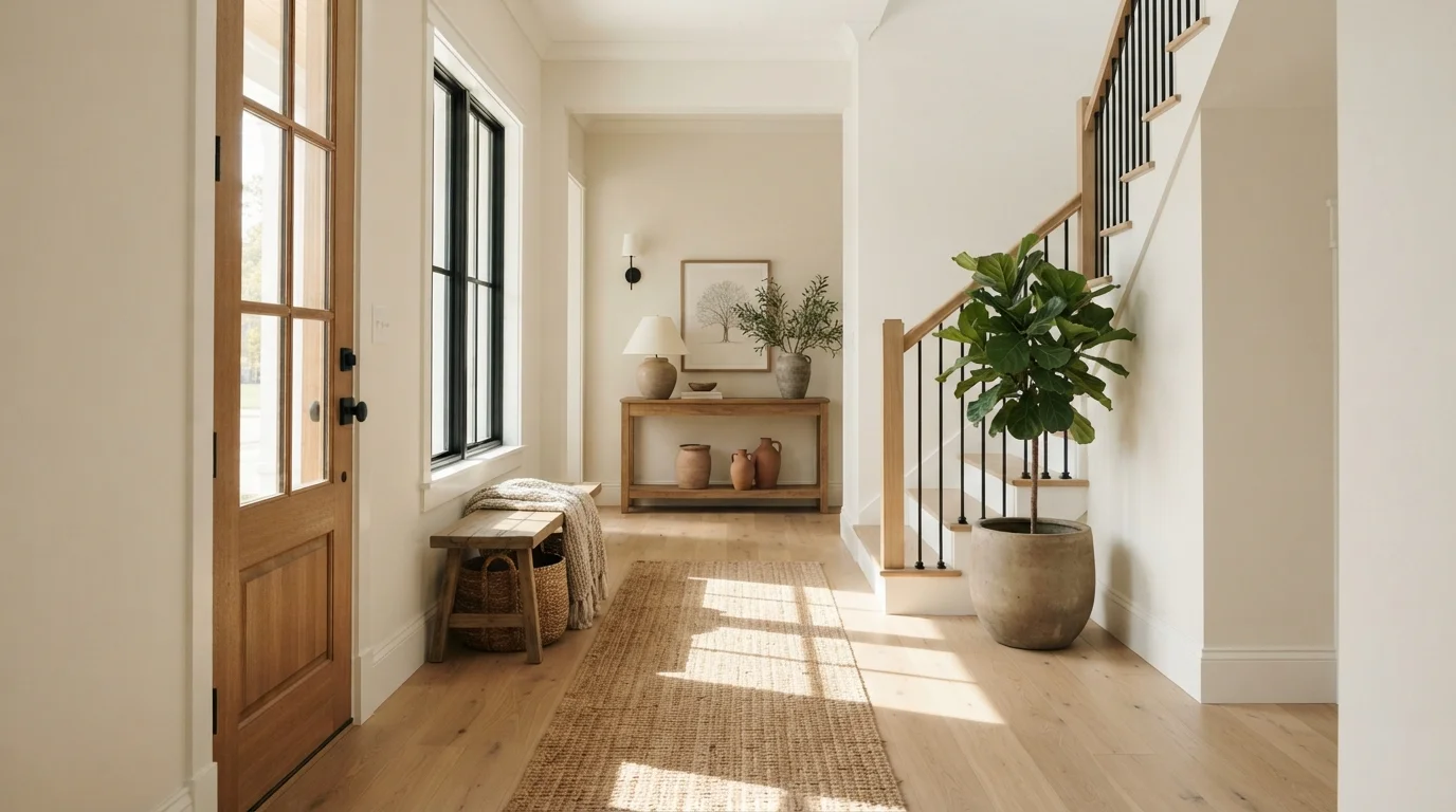 Sunlit Linen Foyer — neutral entryway painted in Varnished Ivory