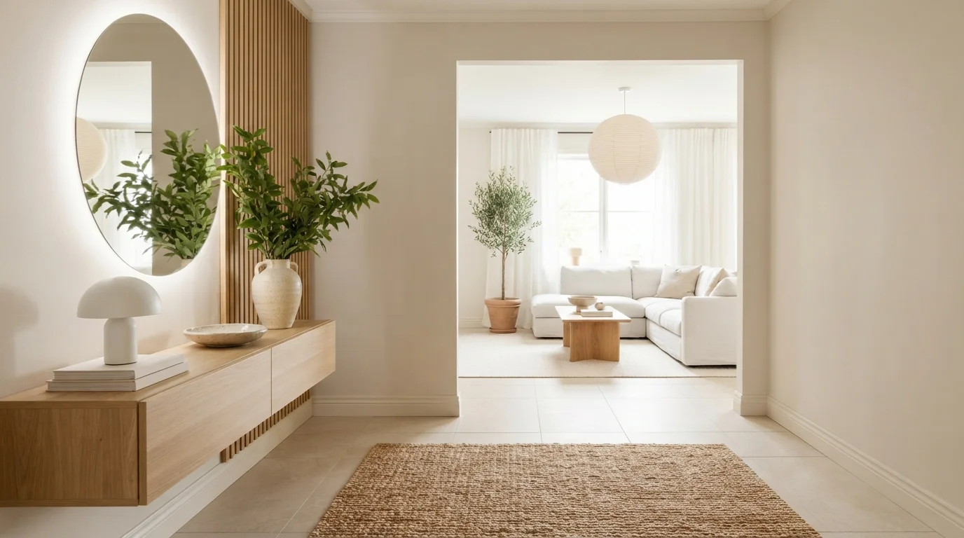 Warm Nordic Haven — neutral entryway painted in Water Chestnut