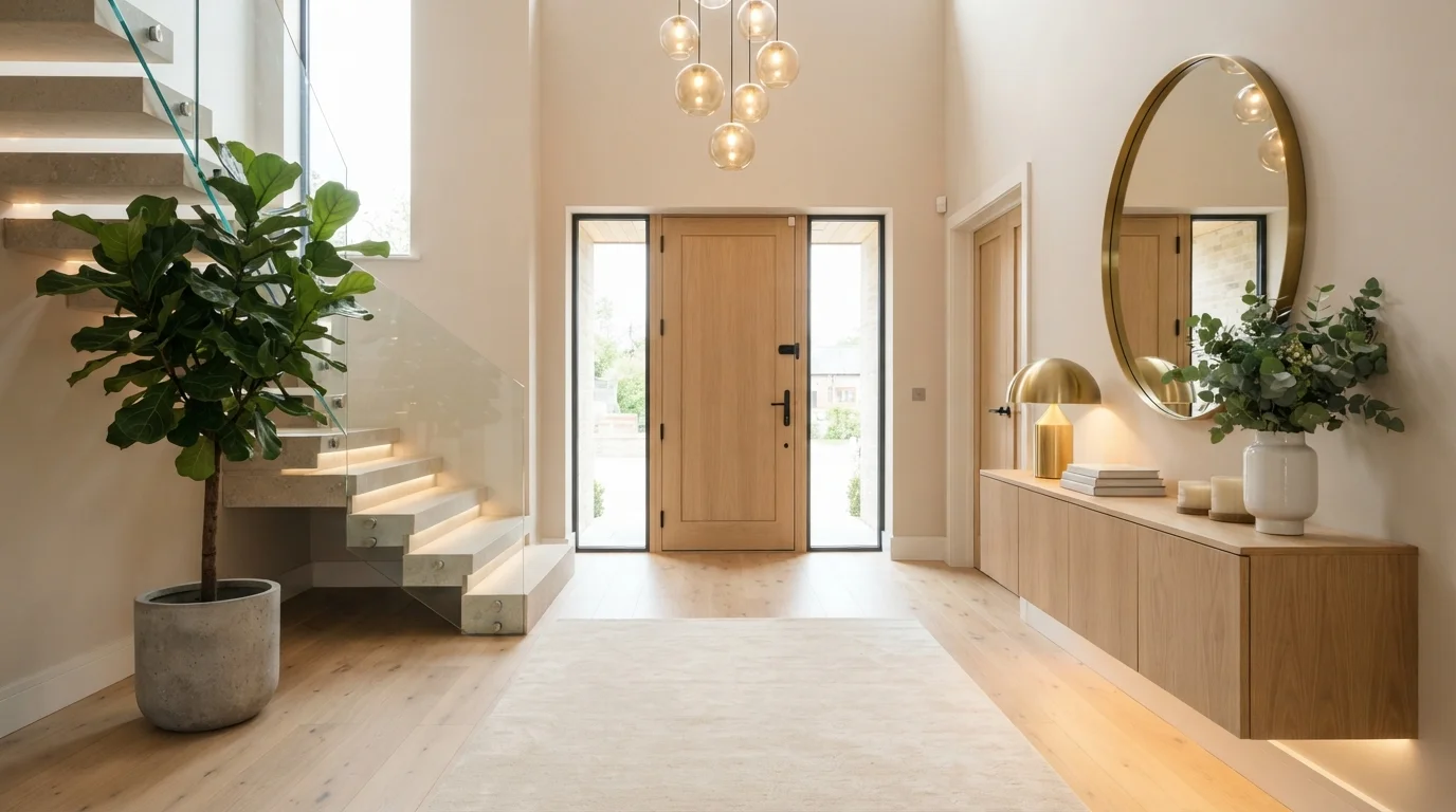 Warm Scandi Entryway — neutral entryway painted in Hazelnut Cream