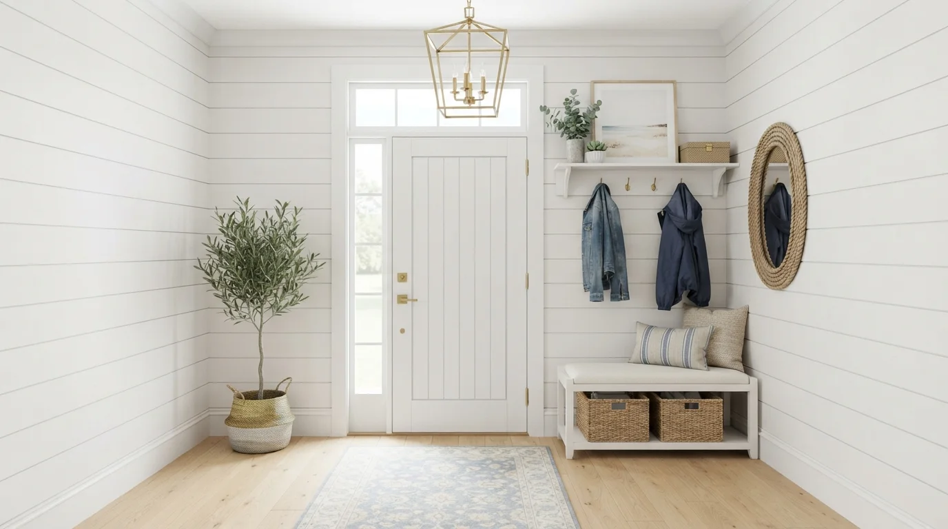Breezy Coastal Entryway — white entryway painted in Du Jour