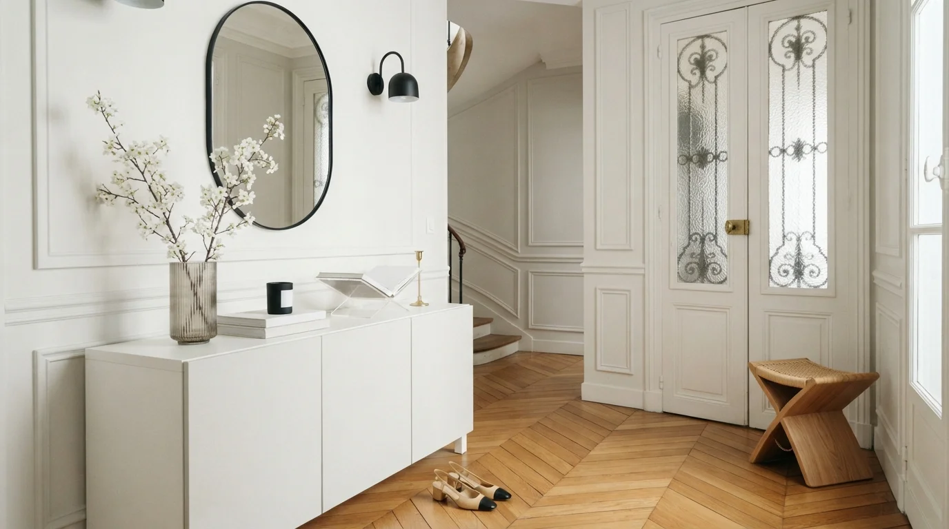 Classic Parisian White — white entryway painted in Wedding White
