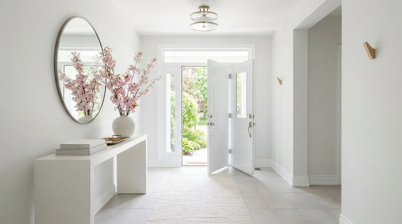 Sunlit Crisp Entryway — white entryway painted in Architectural White
