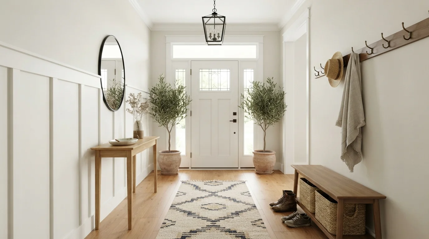Warm White Foyer — white entryway painted in Cold Foam