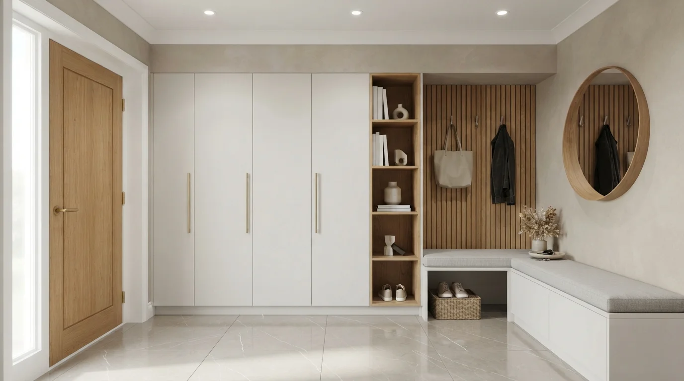 Warm Scandi Entryway — white entryway painted in Stone Hearth