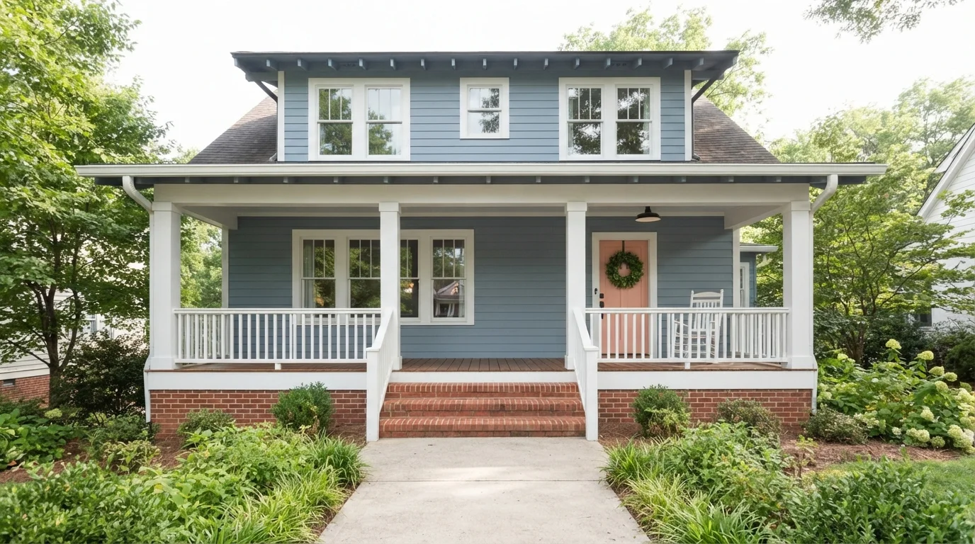 Coastal Slate and Peach — blue exterior house painted in Americana