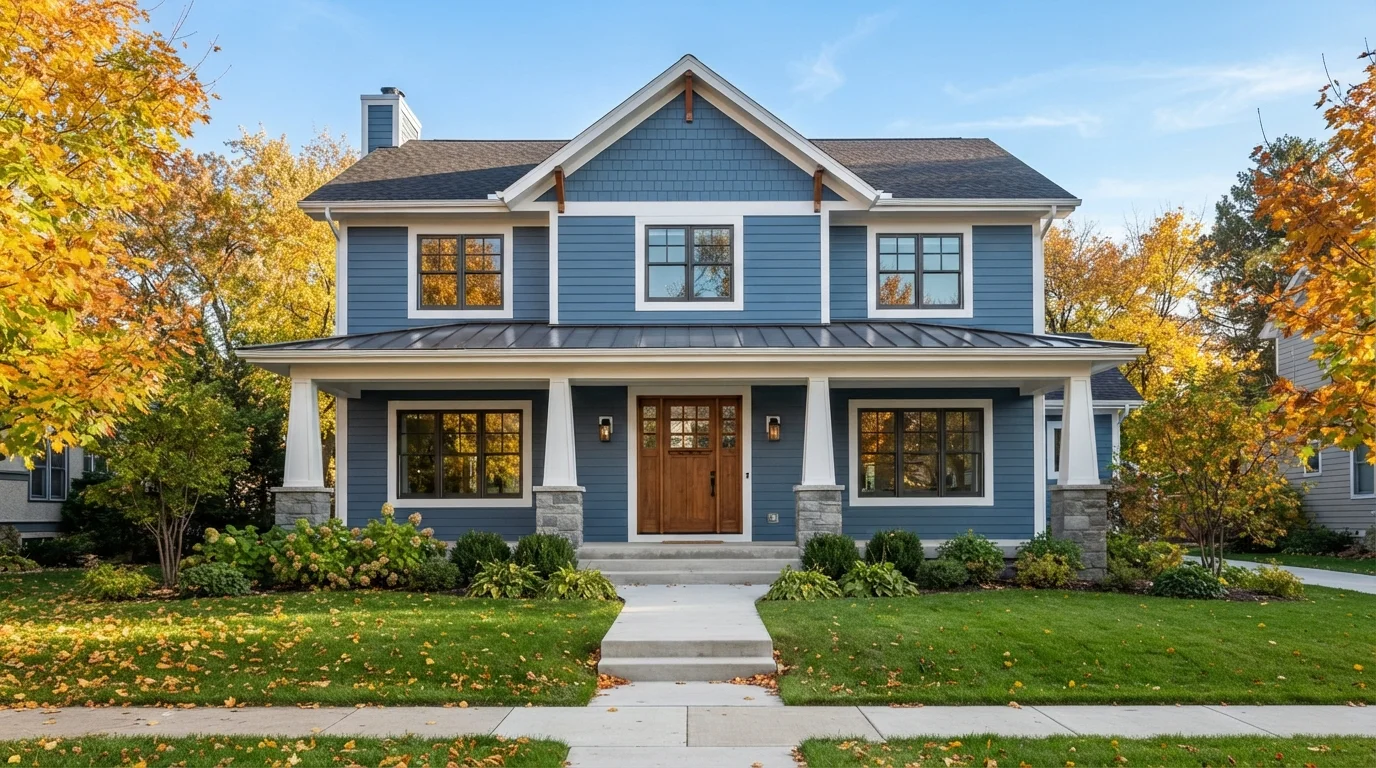 Slate Blue Craftsman — blue exterior house painted in Postwar Boom