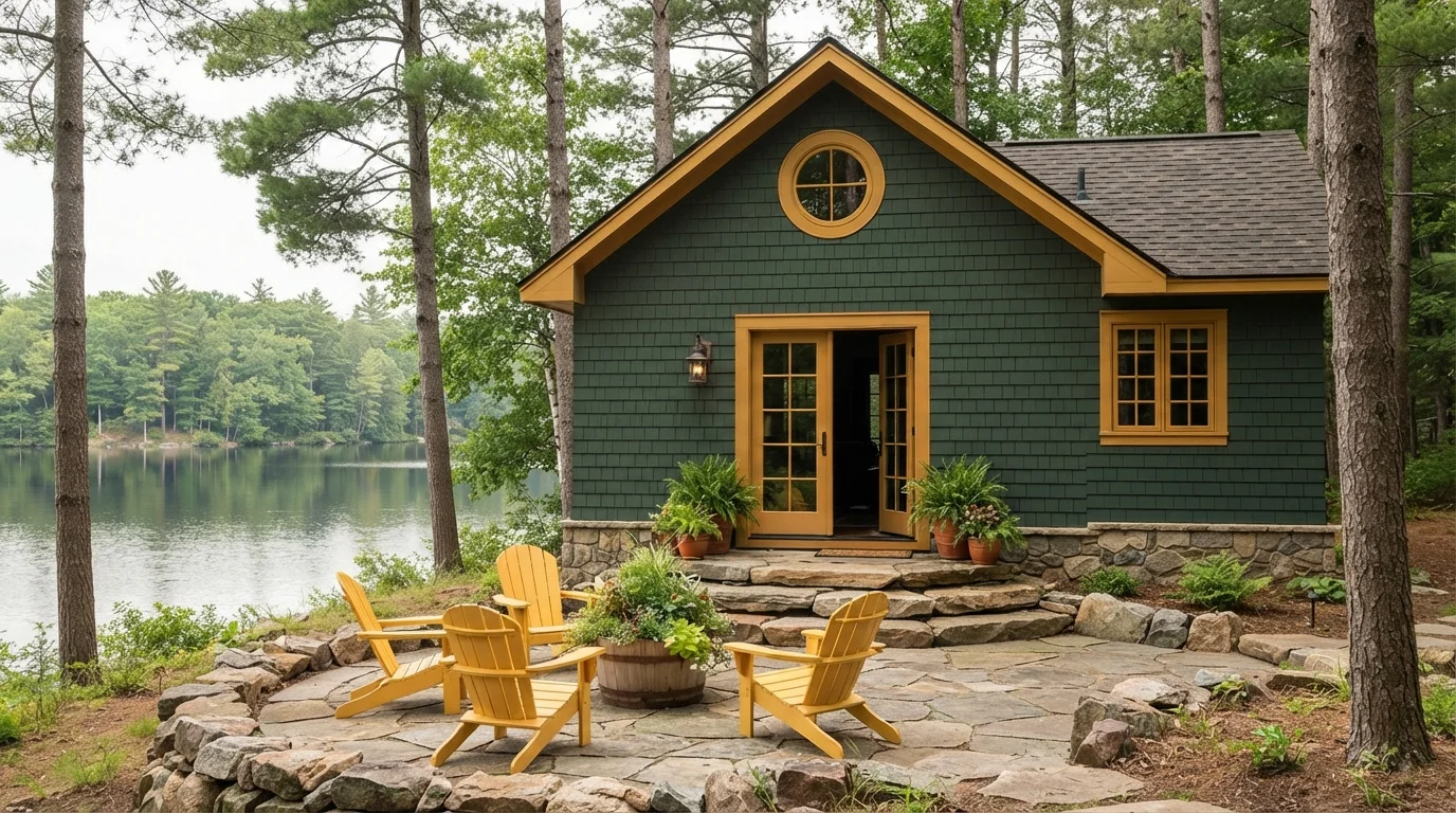 Lakeside Forest Retreat — green exterior house painted in Sycamore Tree