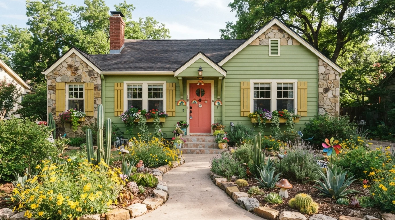 Whimsical Garden Cottage — green exterior house painted in Mother Nature