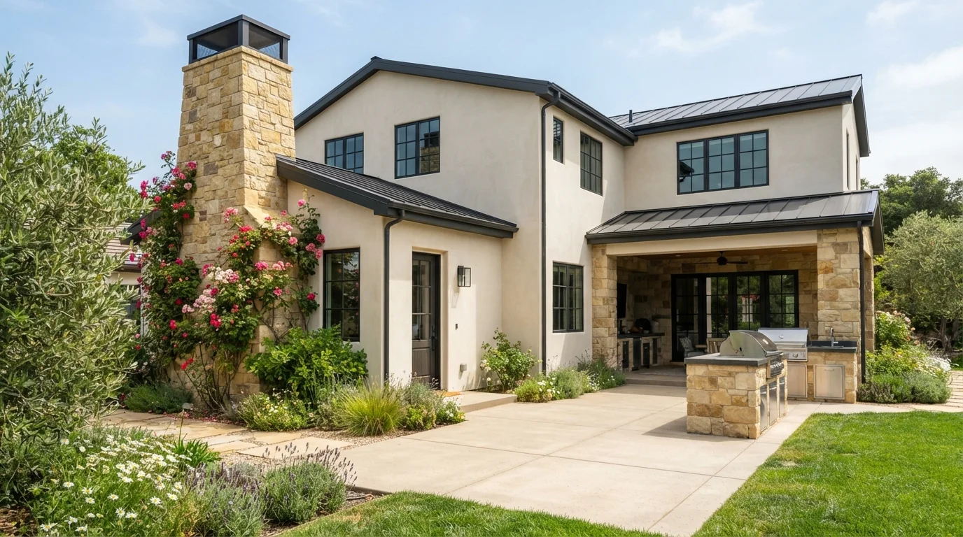 Sunlit Stone Courtyard — neutral exterior house painted in Powder Cake