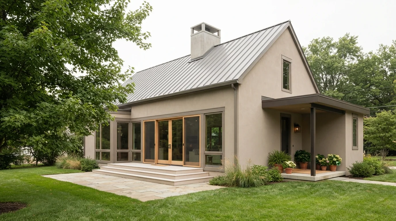 Warm Nordic Minimalist — neutral exterior house painted in Studio Beige