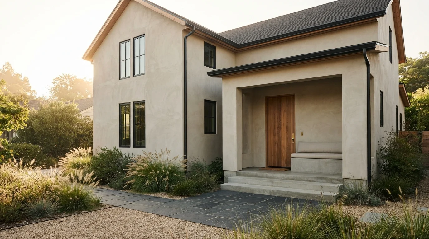 Warm Modern Neutral — neutral exterior house painted in Ostrich Feather