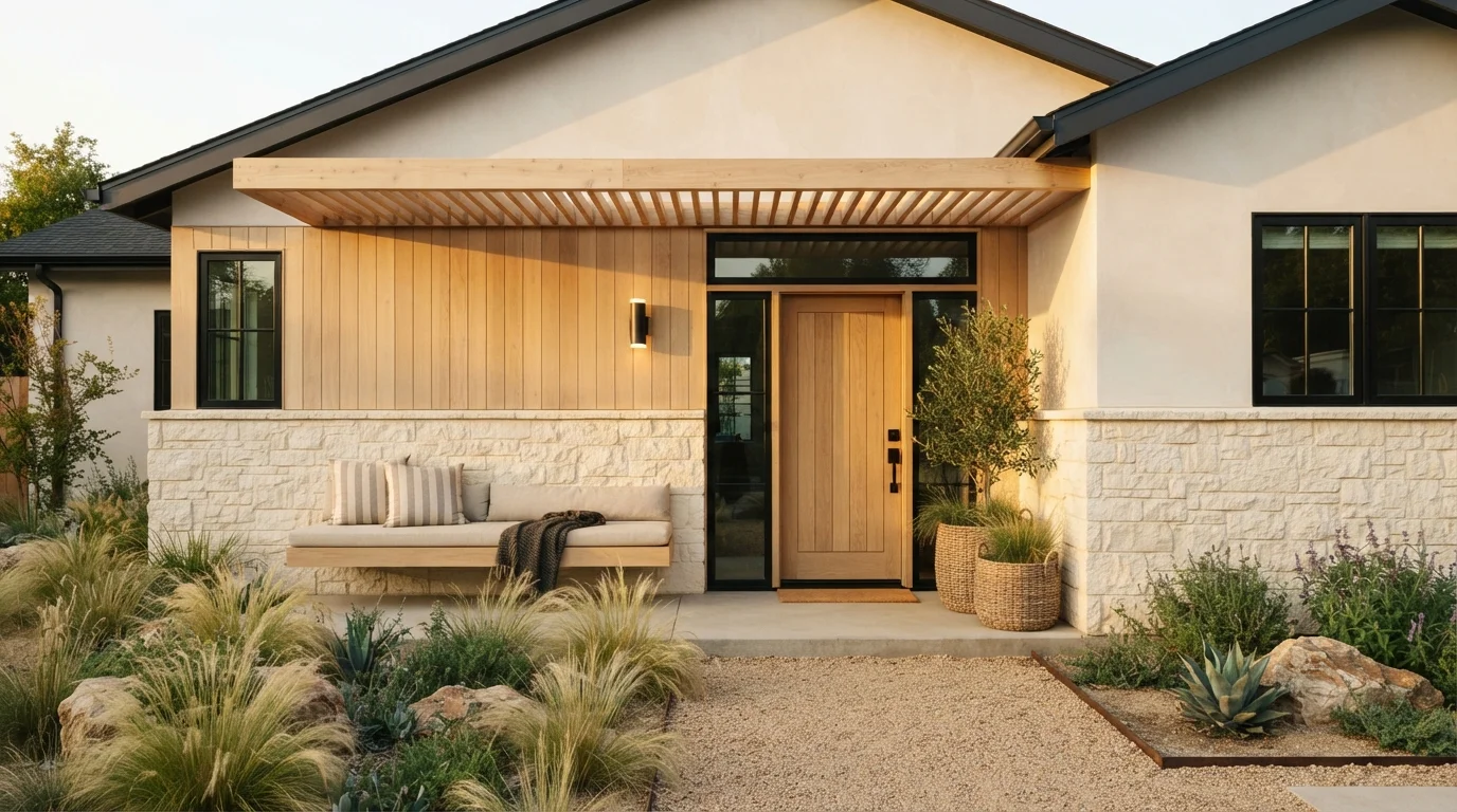 Sunlit Desert Modern — neutral exterior house painted in Maybe Mushroom
