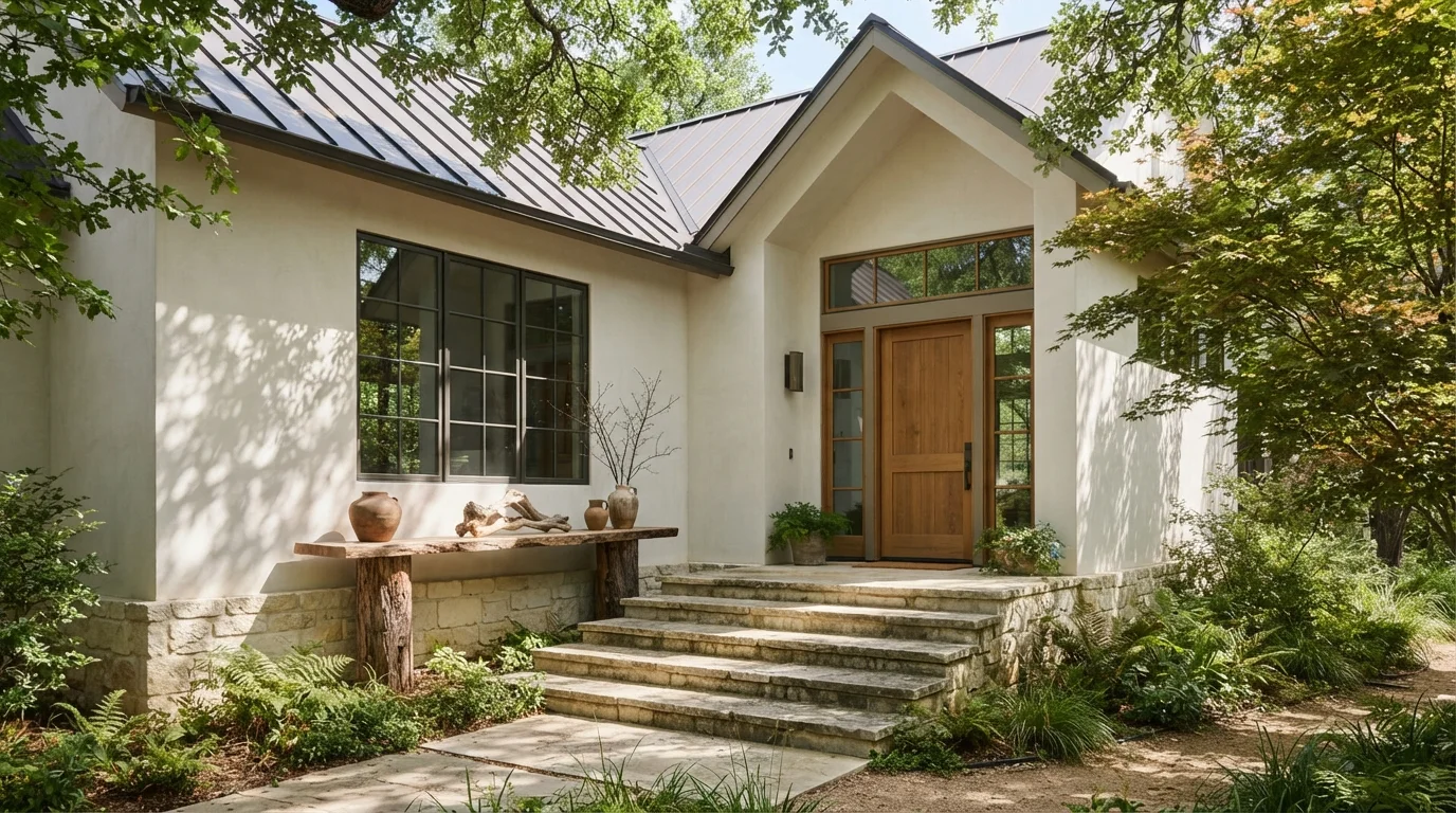 Warm Minimalist Entry — neutral exterior house painted in Pearls And Lace