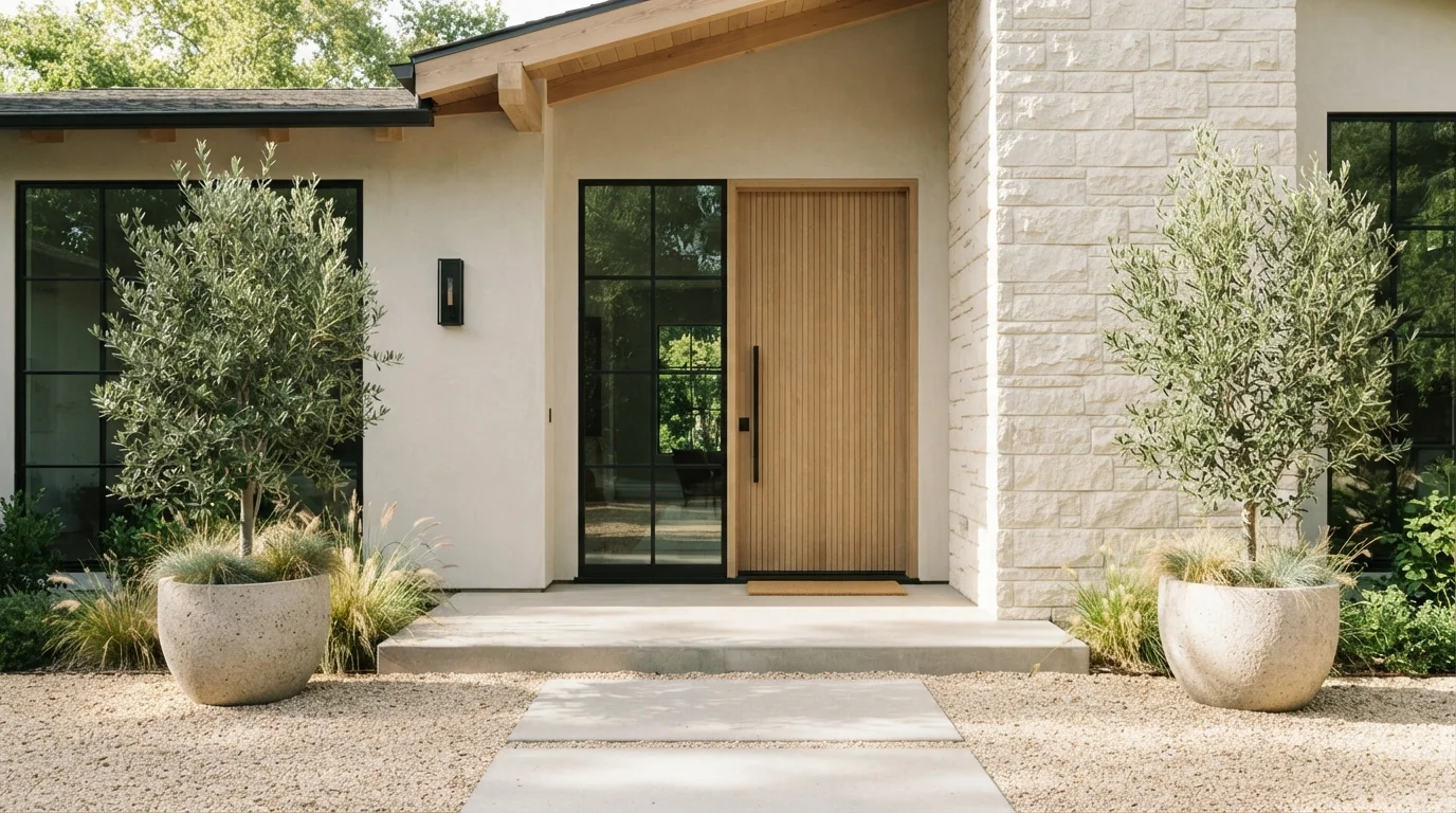 Sunlit Organic Modern Entry — neutral exterior house painted in Fossil