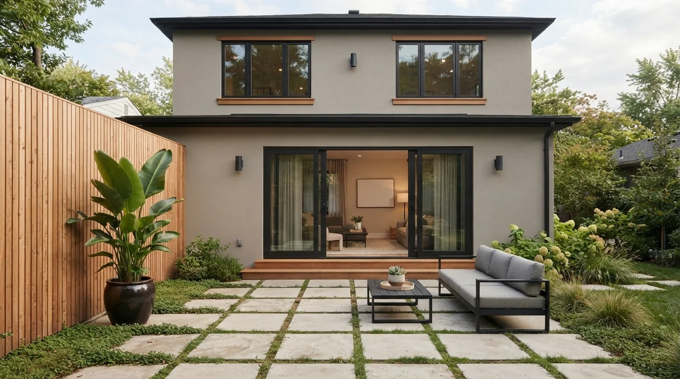 Modern Earthy Haven — neutral exterior house painted in Briarwood
