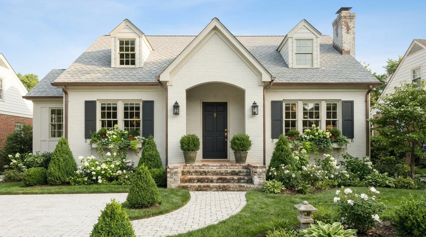 Crisp Cottage Exterior — white exterior house painted in Slightly Hued