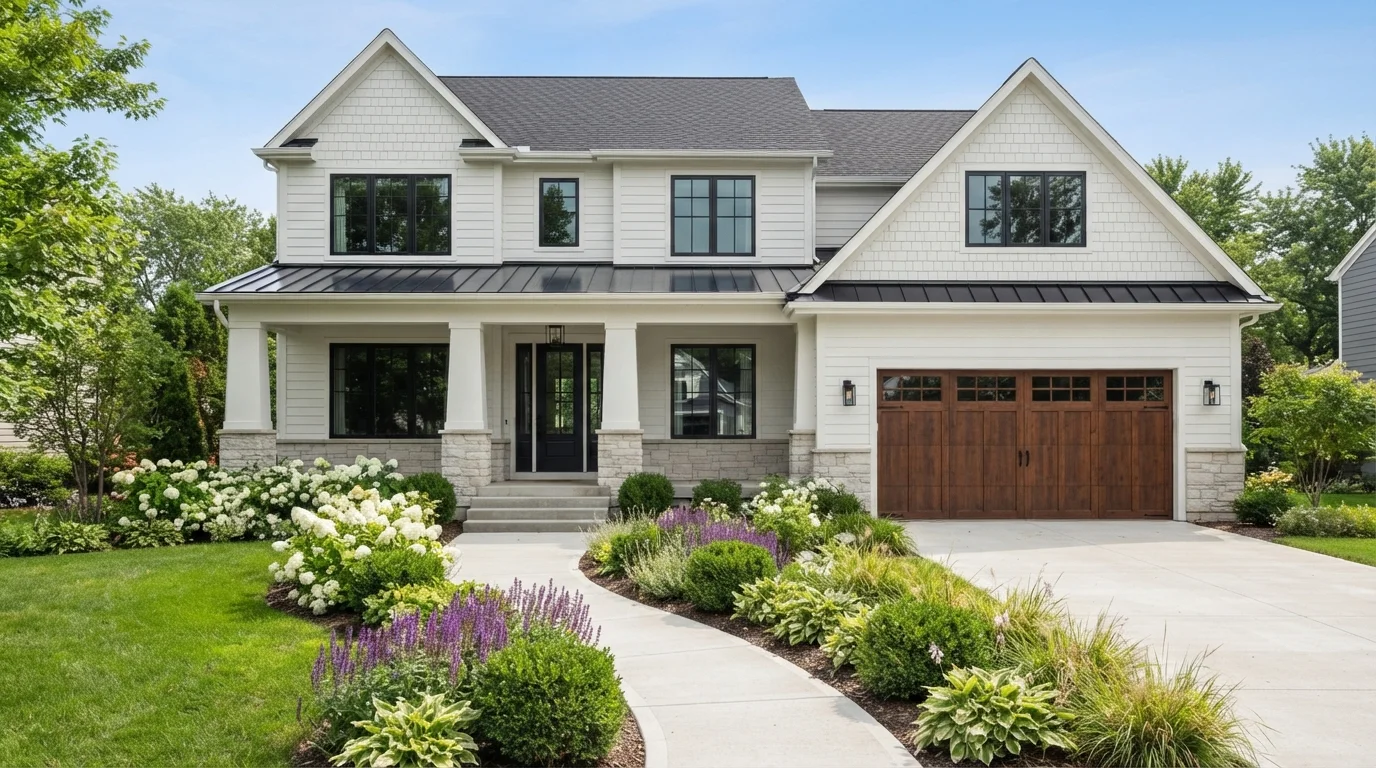 Crisp Modern Craftsman — white exterior house painted in High Hide White