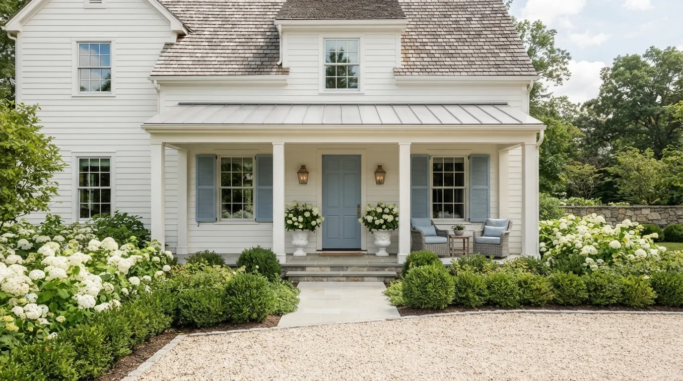 Coastal Blue Cottage — white exterior house painted in White Daisy