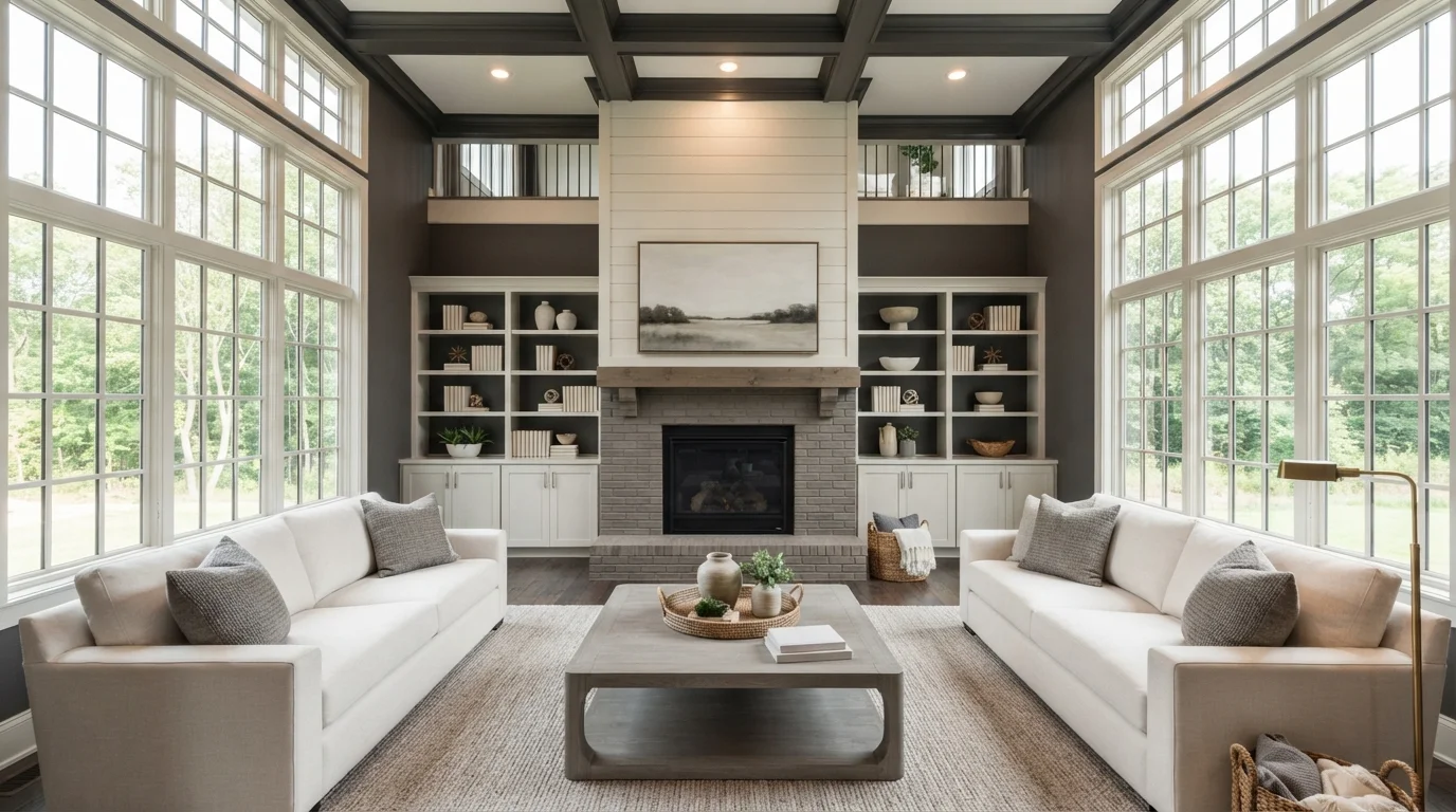 Charcoal Coffered Elegance — gray family room painted in Phantom Hue
