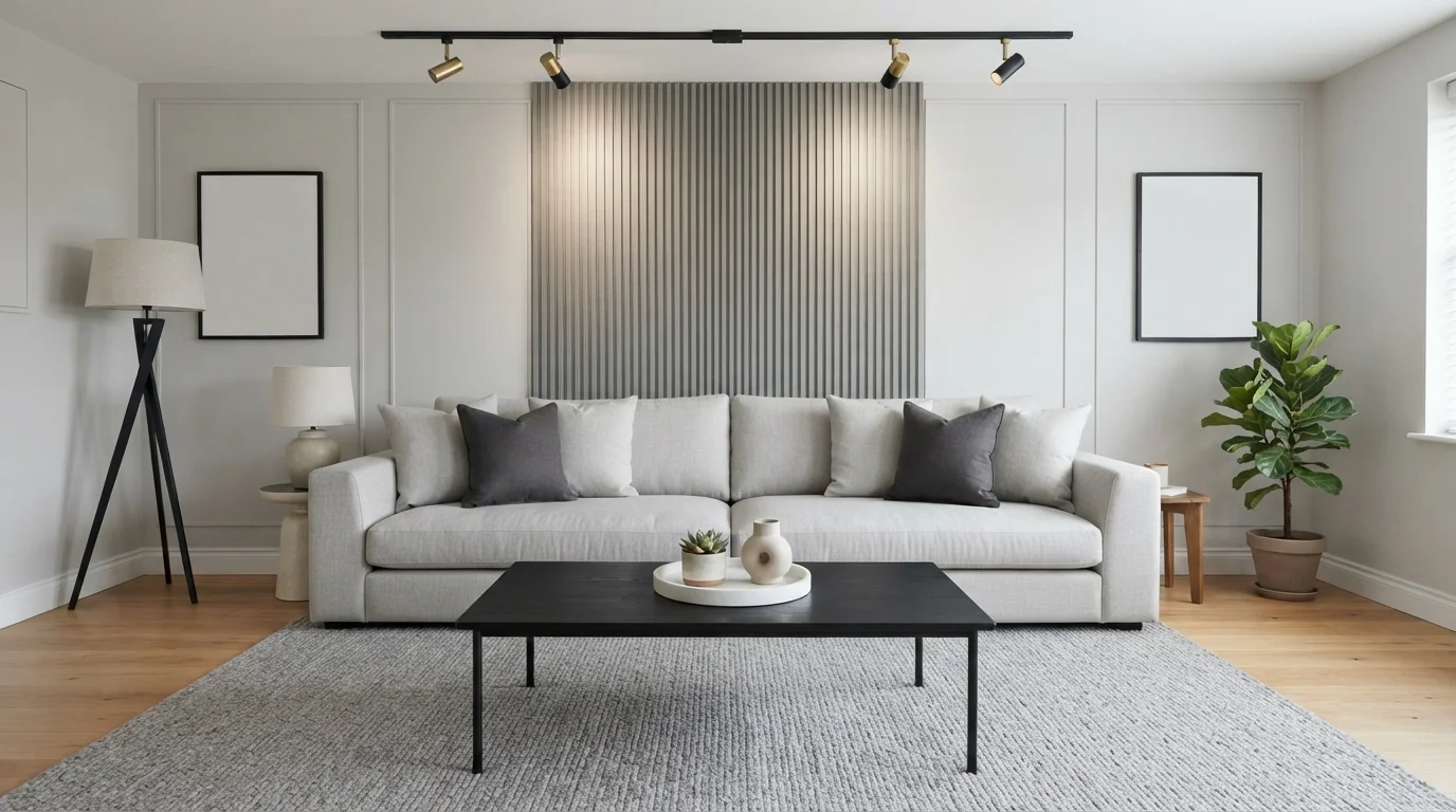 Modern Monochrome Haven — gray family room painted in Rocky Mountain Mist