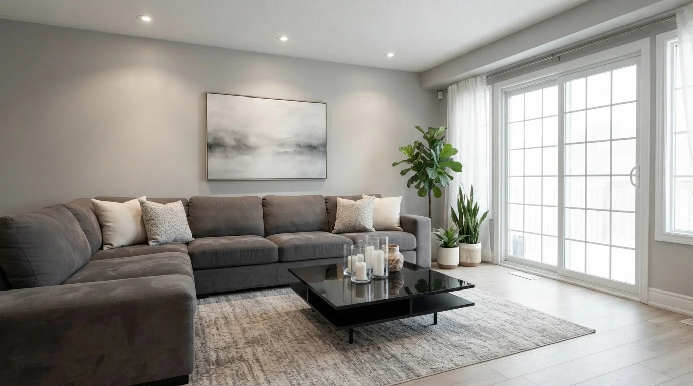 Urban Slate Calm — gray family room painted in Fusion