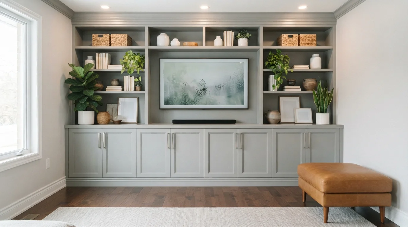 Classic Muted Gray — gray family room painted in Lunar Lite