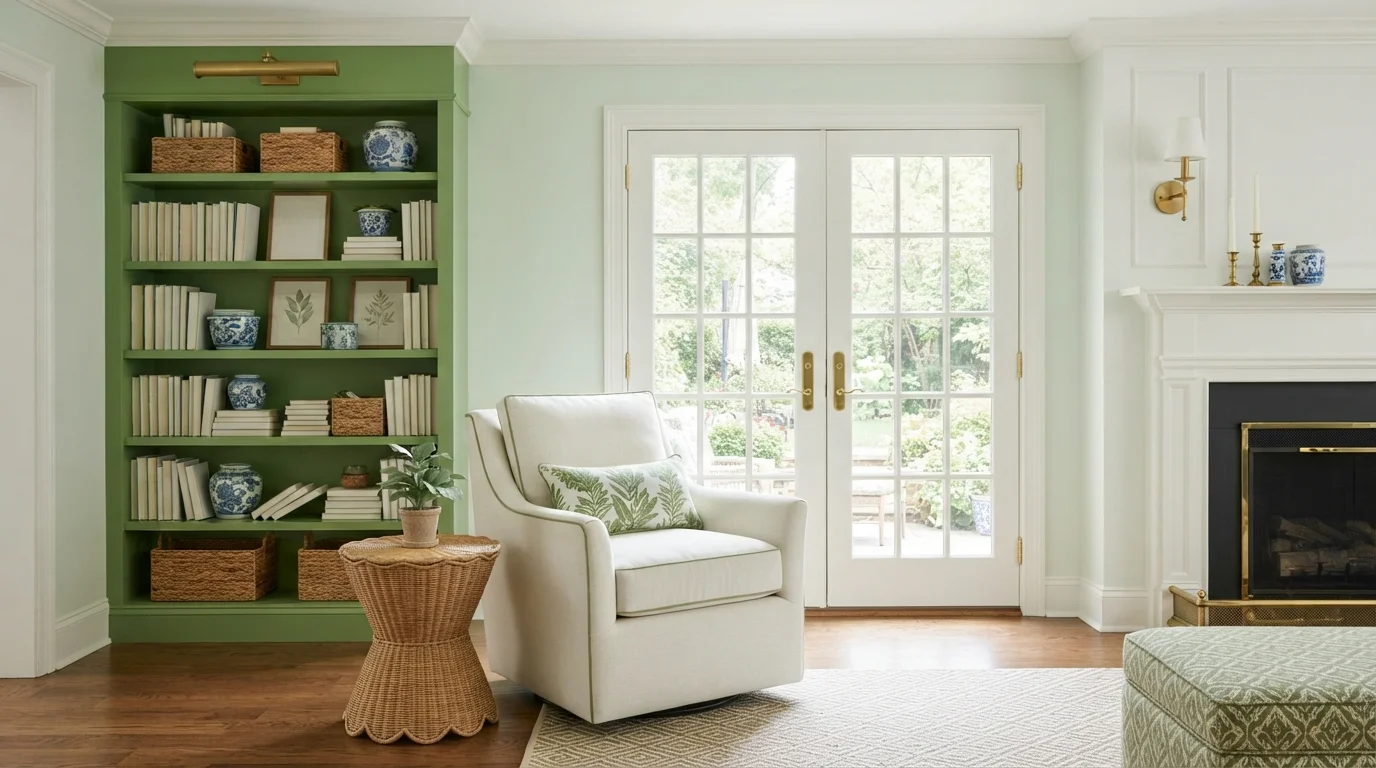Garden Leaf Built-Ins — green family room painted in Frosted Holiday