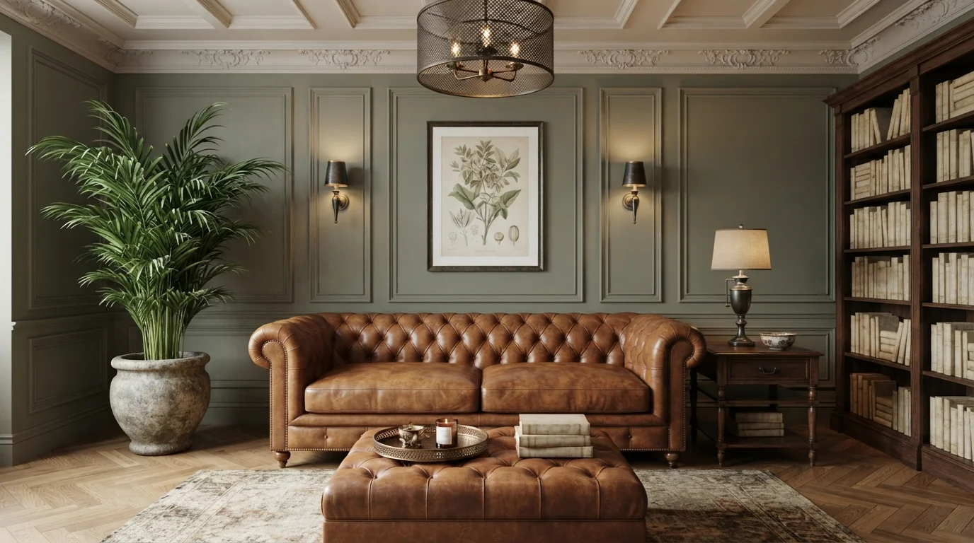 Olive and Cognac Club — green family room painted in Cropped
