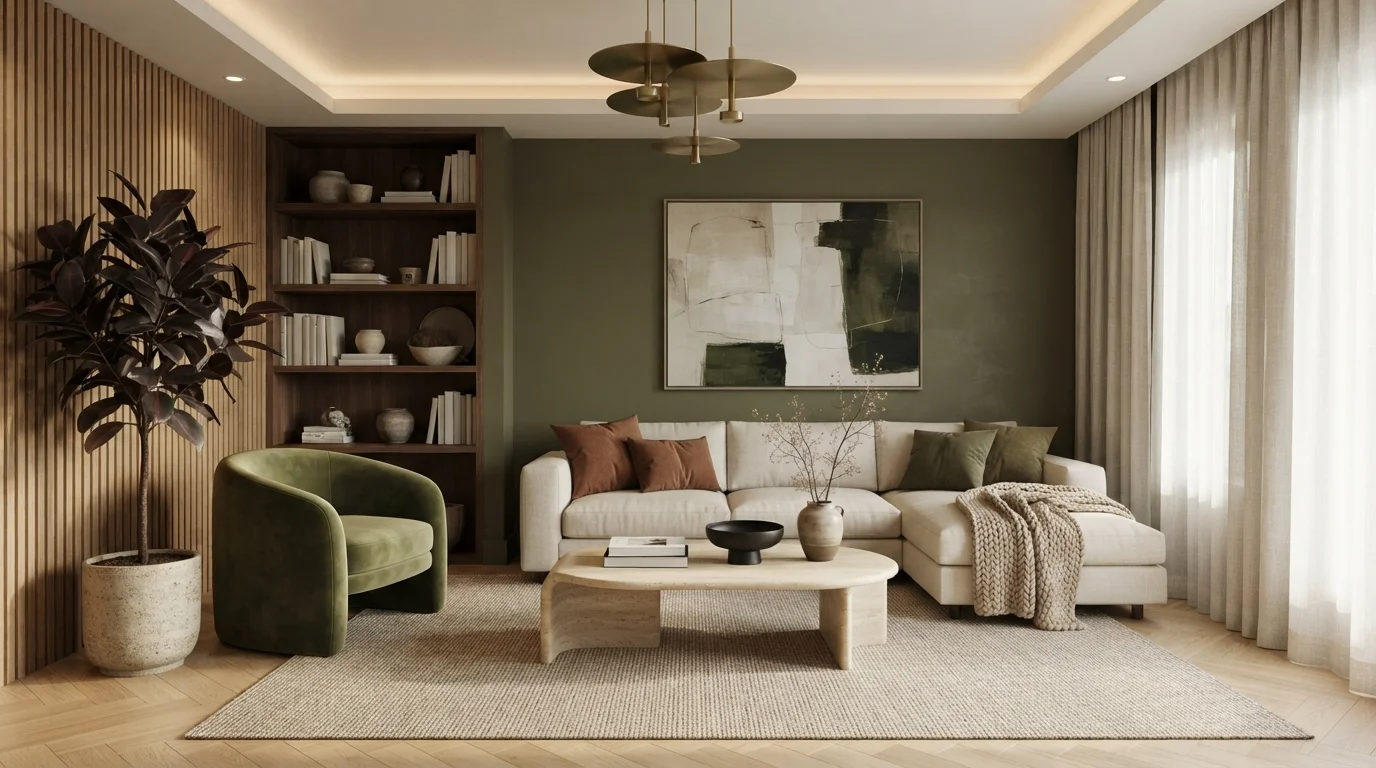 Olive and Terracotta Haven — green family room painted in Portsmouth Olive
