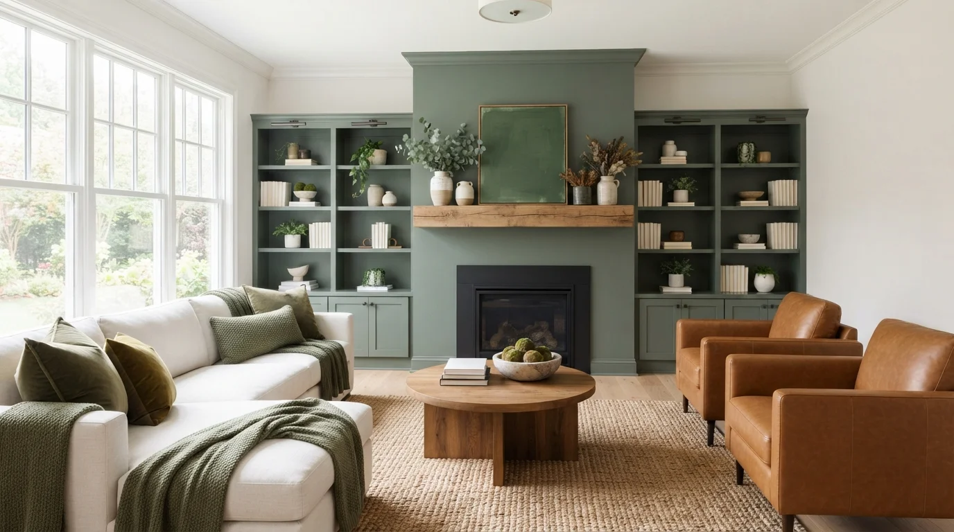Earthy Forest Retreat — green family room painted in Picholine
