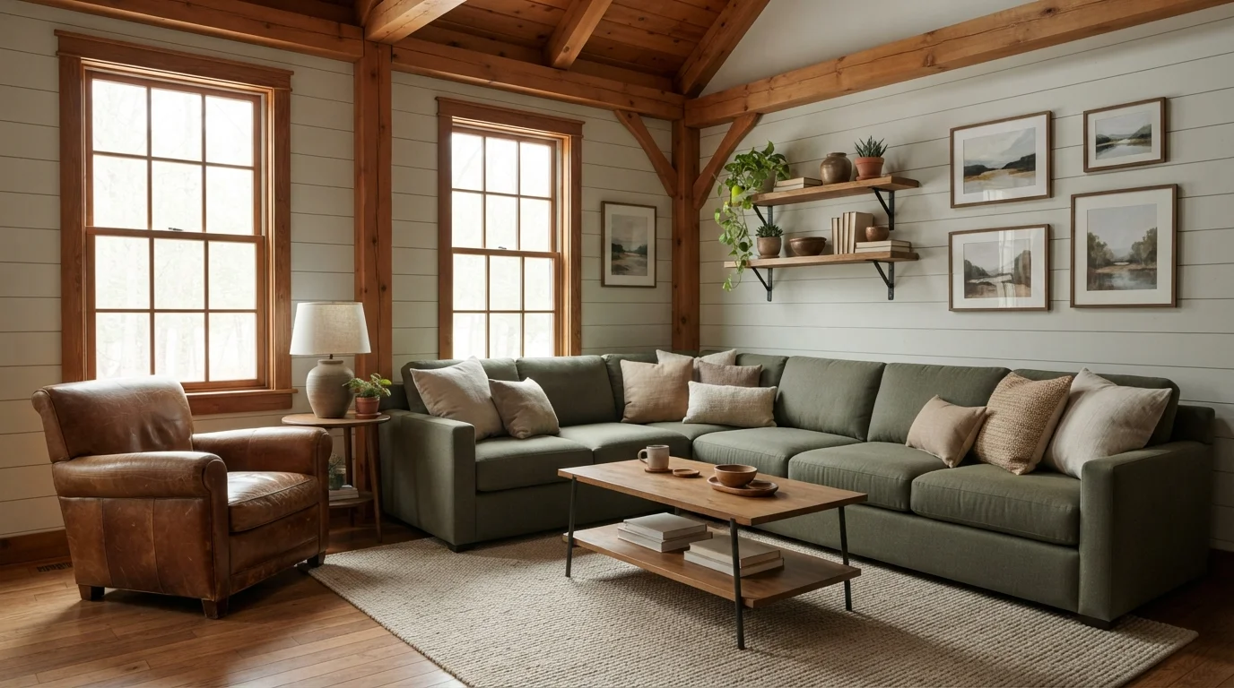 Sage Cabin Retreat — green family room painted in Lottery Winnings